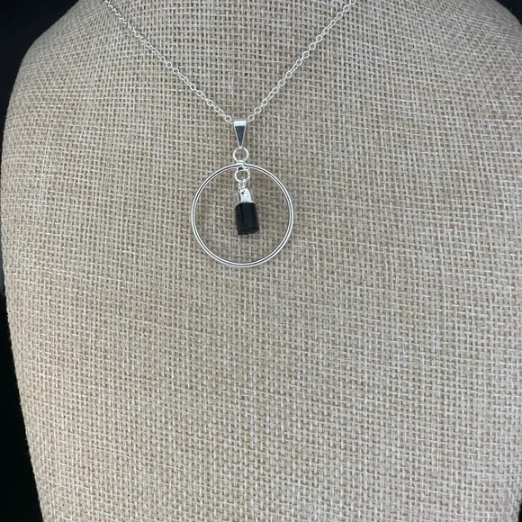Silver and Tourmaline Hoop Pendant on Silver Plated Box Chain - Picture 3 of 10